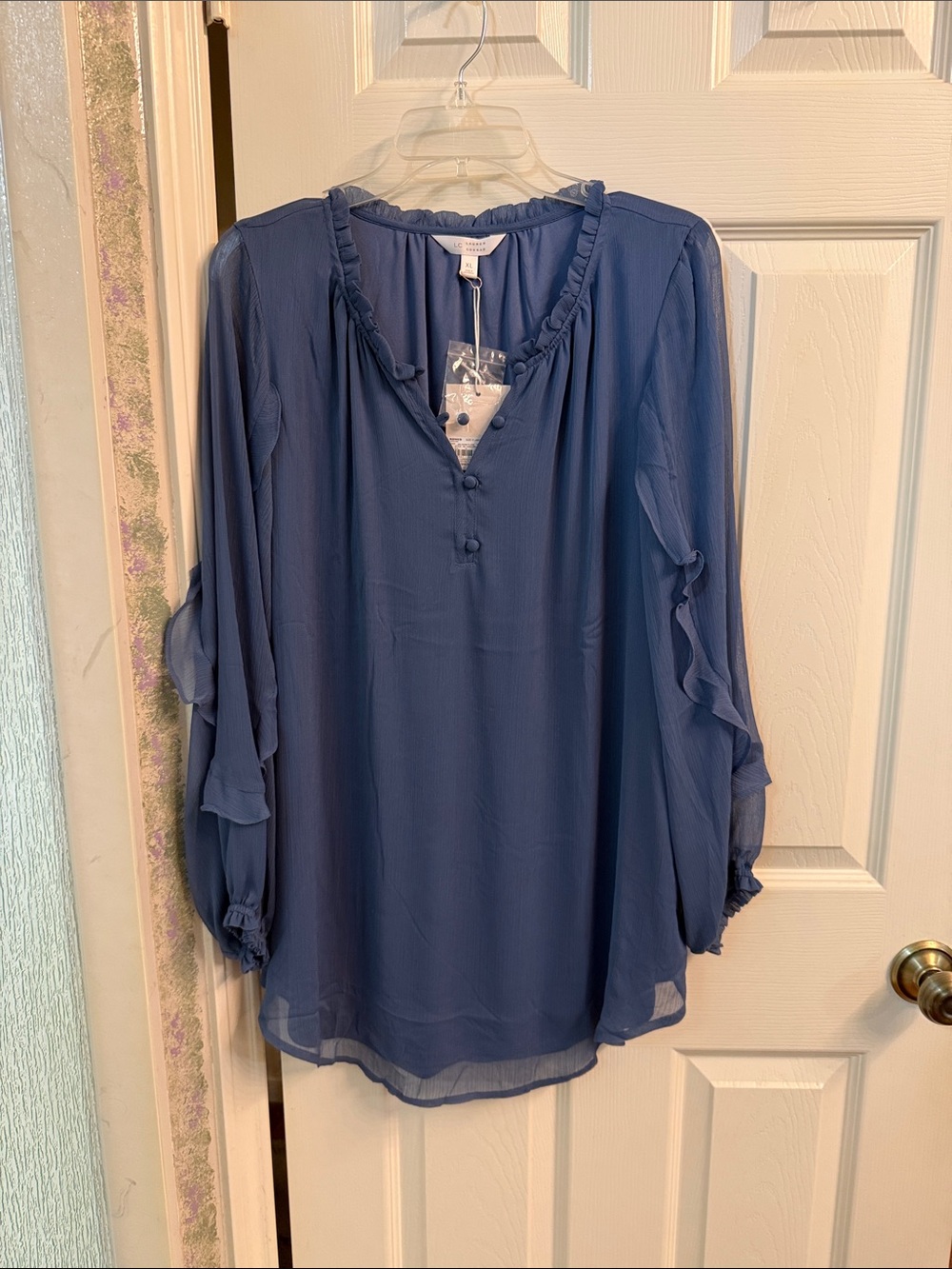 LC Lauren Conrad Slate Blue Ruffle V-Neck Blouse